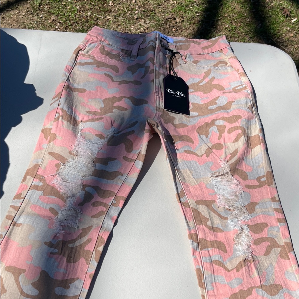 Pink and Tan Camo Distressed Pants
